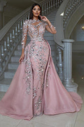 Luxurious Pink High Neck Beaded Embroidery Long Sleeves Detachable Panel Train Prom Evening Dresses With Rhinestone